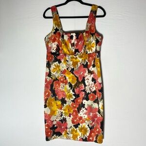 Cleo Pink Orange Cream Black Floral Sleeveless Square Neck Knee Length Dress 10
